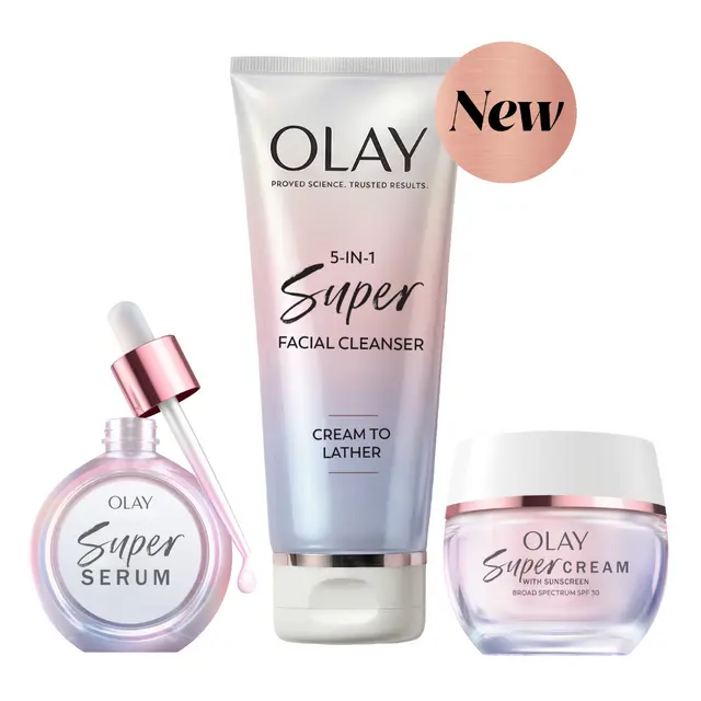 OLAY Super Glow 3-Step Skincare System - Lightweight Cream, Cleanser, Serum for Deep Hydration