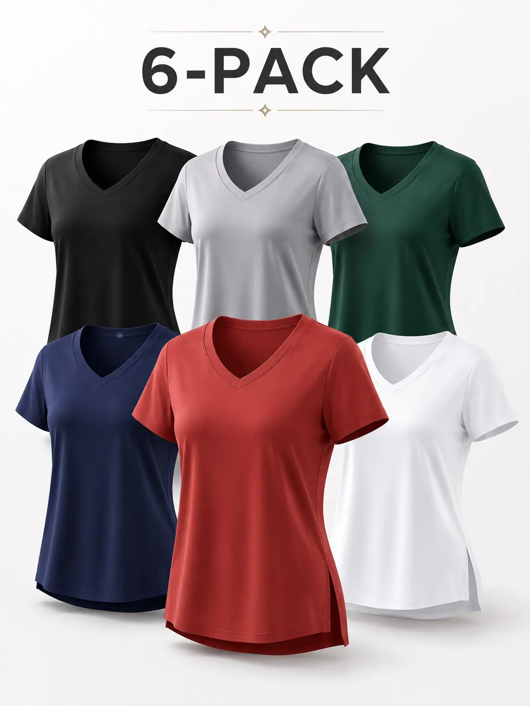 Women's 6-Pack Dry Fit V-Neck Athletic Short-Sleeve T-Shirts - Stretchable Clothes for Women, Fitted Lightweight Breathable Polyester Sport Tees, Machine Washable Versatile Practical for Gym Yoga, Tops For Women, T Shirts Women