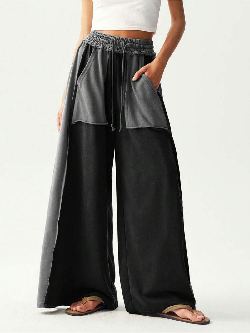 BOHO Ladies' Casual Knitted Patchwork Color Loose Wide-Leg Washed Pants