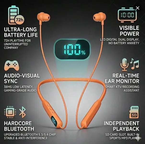Wireless Bluetooth Neckband Gaming In-Ear Headphone - Sports Use, Ultra-Long Battery Life, Universal Card Slot, USB Compatibility, Silicone Build, Waterproof Design, Multi-Device Connectivity