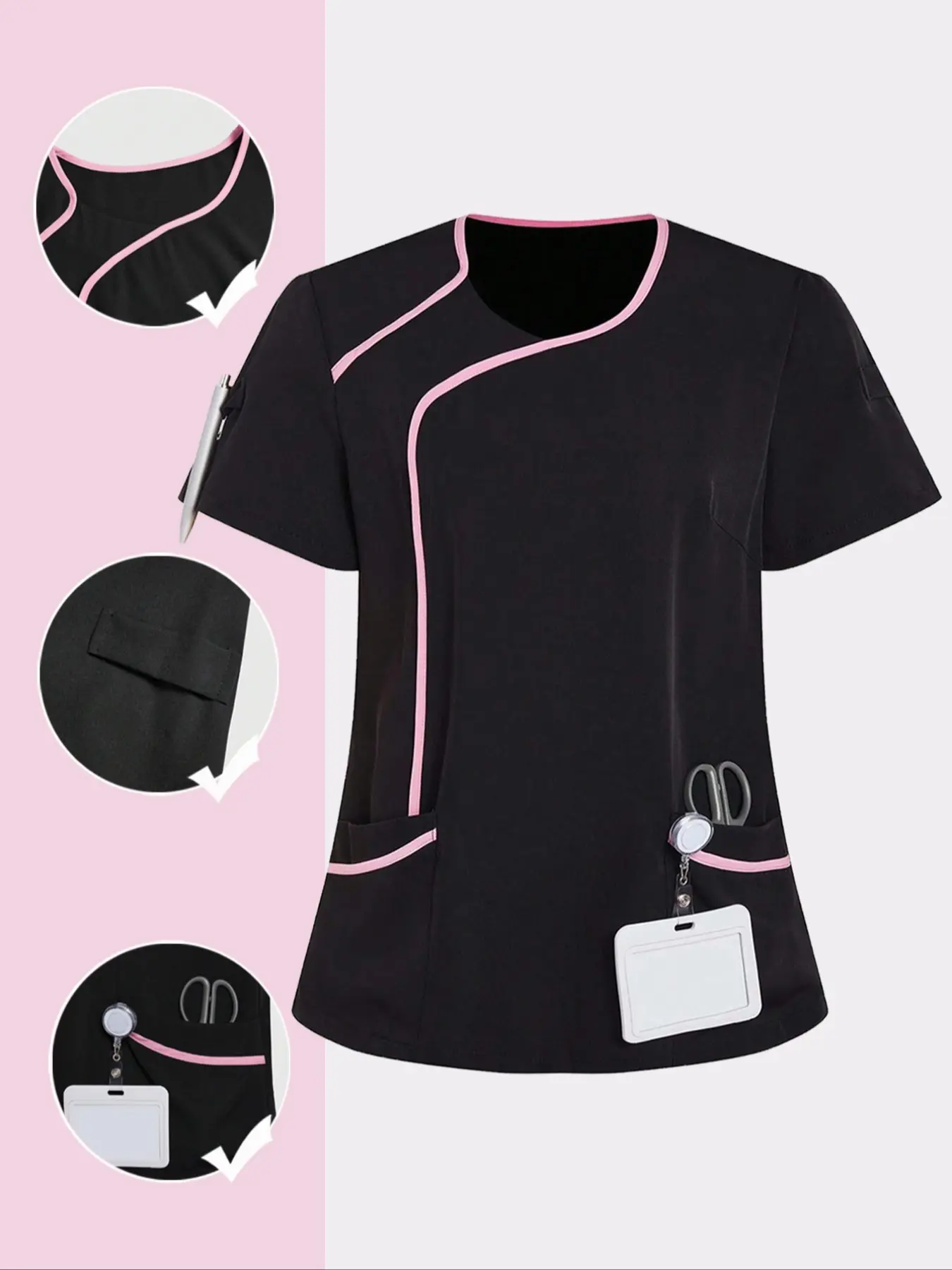 Border Round Neck Short Sleeve Multi-Pocket Workwear Pocket Design Fitted Woven Summer Top, Womenswear, Fashion Commute Workwear, Versatile Spa, Nurse Maternity Center Clothing