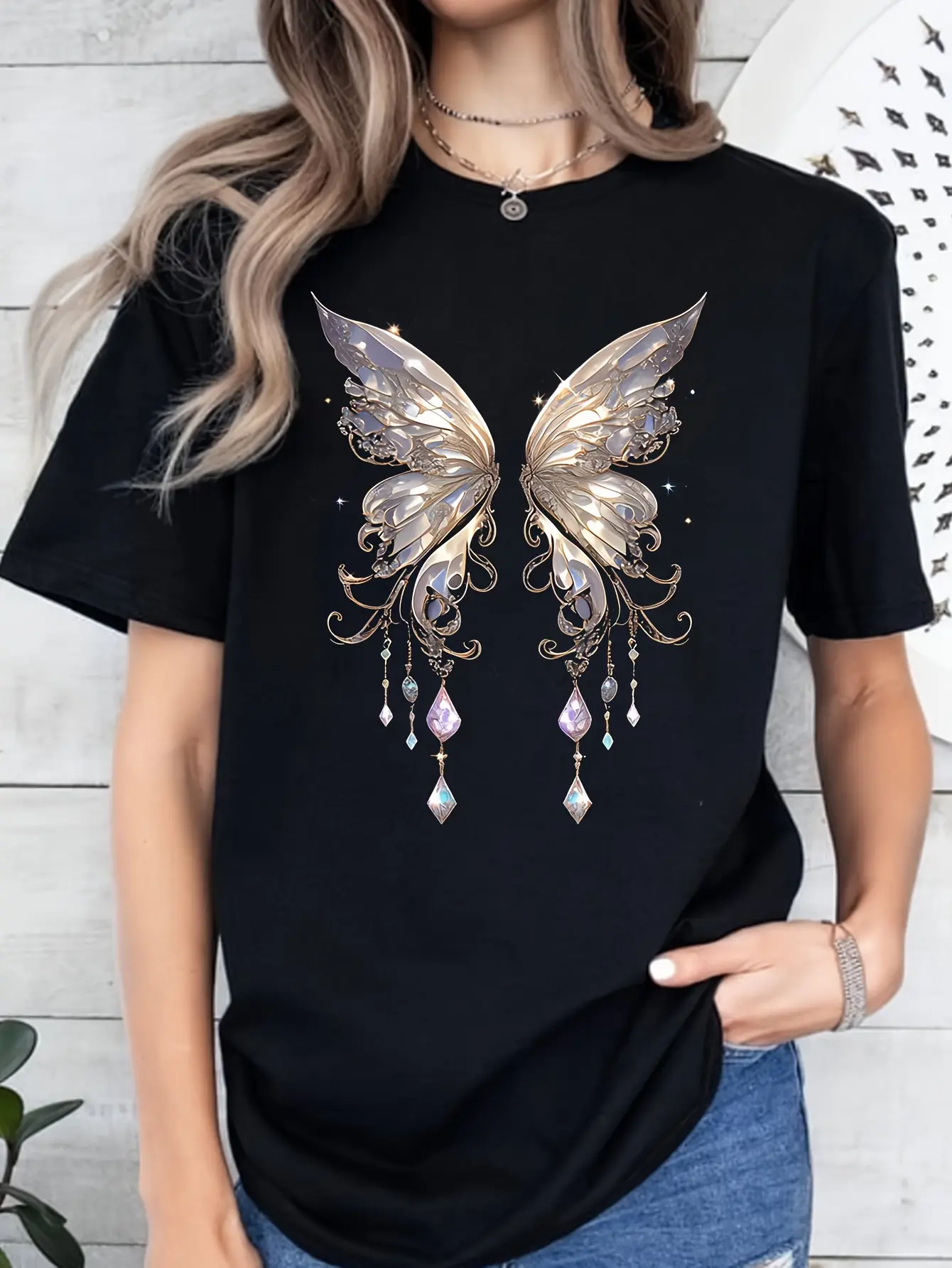 Women's Cotton Shortsleeve T-Shirt - European & American Style, Round Neck, Loose Fit, Butterfly Print, Breathable, Versatile Casual Top Suitable for Commute & Shopping