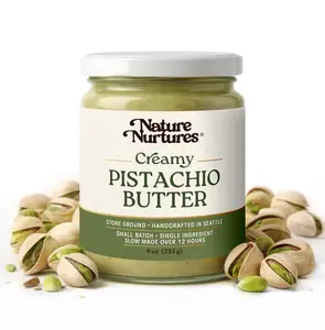 Creamy Pistachio Butter · 100% Pistachios · Single Ingredient · No Fillers · Raw · Stone Ground for 12 Hours · Small Batch · Handcrafted in USA · High Protein · 100% Pure & Natural · No Added Sugar · No Palm Oil · Packed in Glass Jar · 9 oz (255 g)
