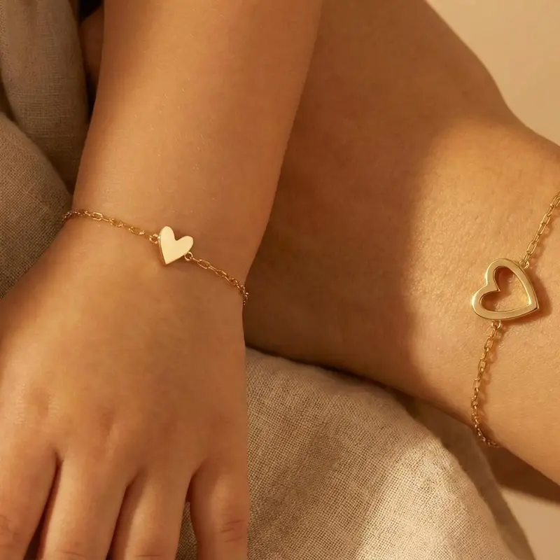 Women's 2-Piece Gold Heart Matching Bracelets Set - Silver-Plated Artificial Gemstone Unisex Bracelets Accessories for Adults, Best Friend Birthday Dainty Daily Wear Gift