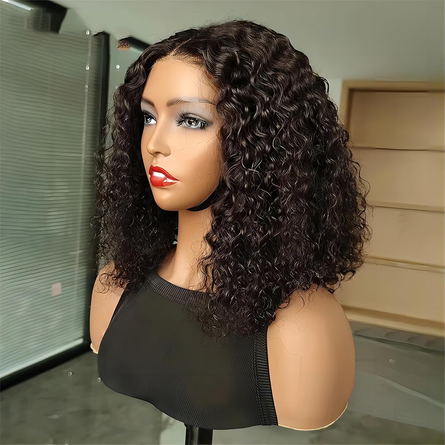 Water Wave Bob Wig Human Hair 13X4 Wear And Go Glueless Wigs Human Hair Pre Plucked Pre Cut Deep Wave Lace Front Closure Wigs For Black Women 200 Density Curly Wig Glueless Wear And Go Black 12 Inch