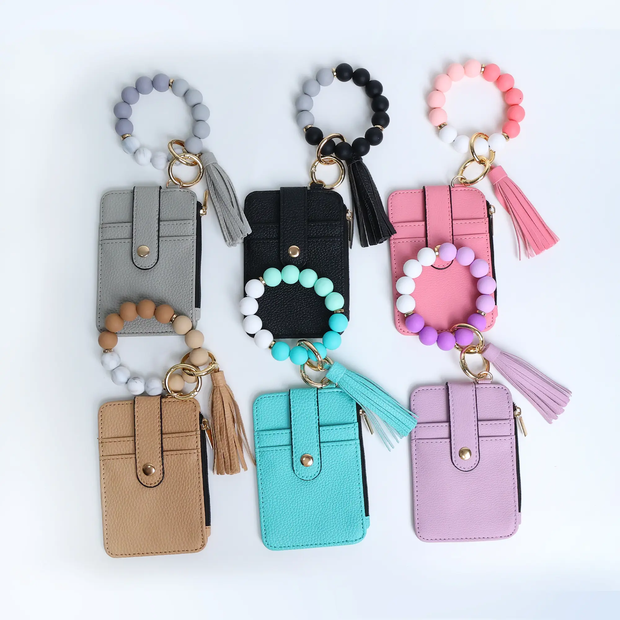 Women's Fashionable PU Leather Keychain Wristlet with Silicone Beads and Tassel, Card Holder Wallet - Gifts for Women, Female, Tassels, Beaded Wristlet Keychain, Multifunctional Keychain