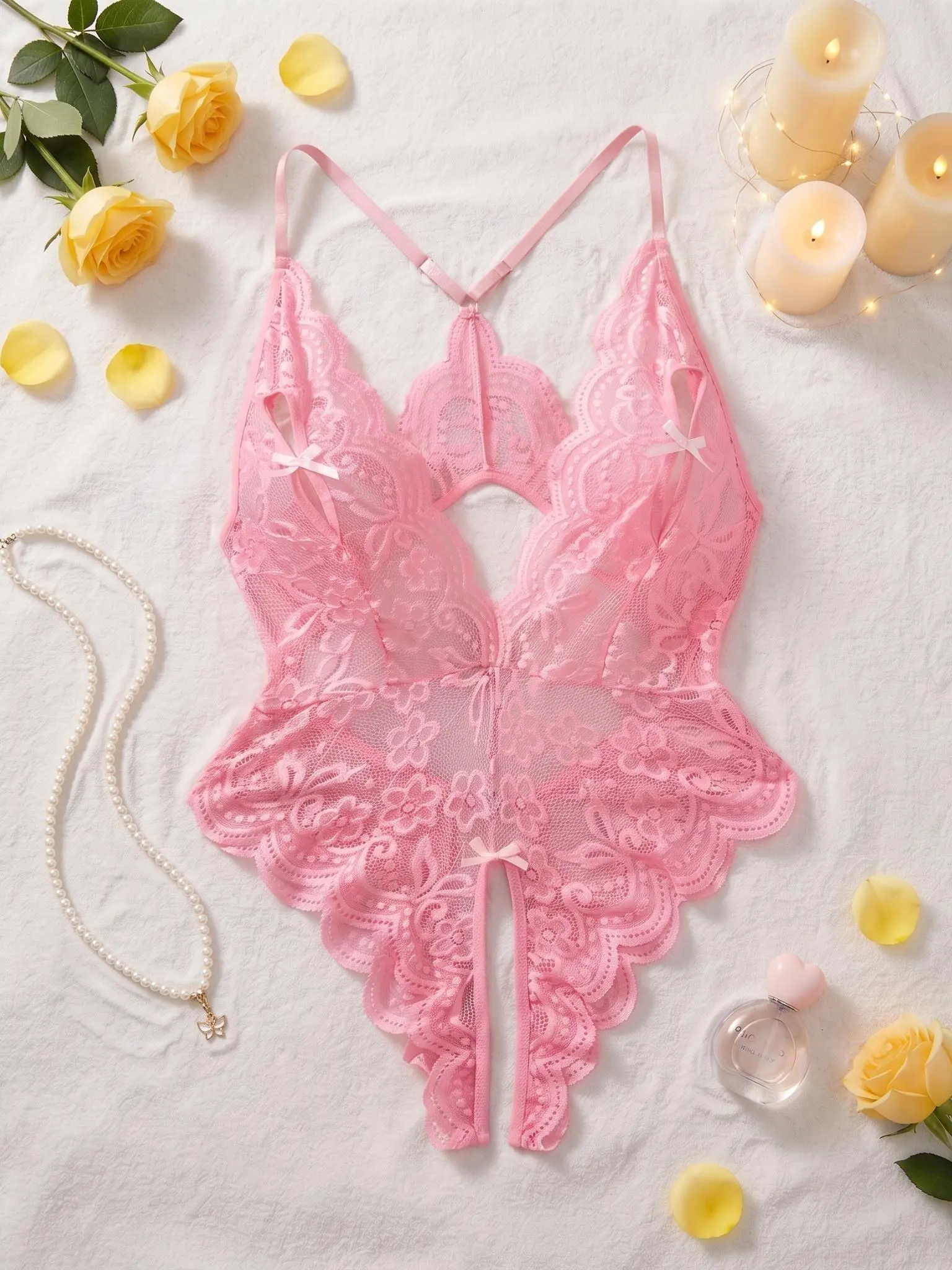 AESKEIA Women's Teddy Bodysuit - Nylon Lingerie with V-Neck Floral Lace Print, Plus Size Elegant Intimates, Bodysuit for Women with Floral Boudoir Look, No Padding, Hand Wash Only, Do Not Dry Clean, Valentine's Day Gift