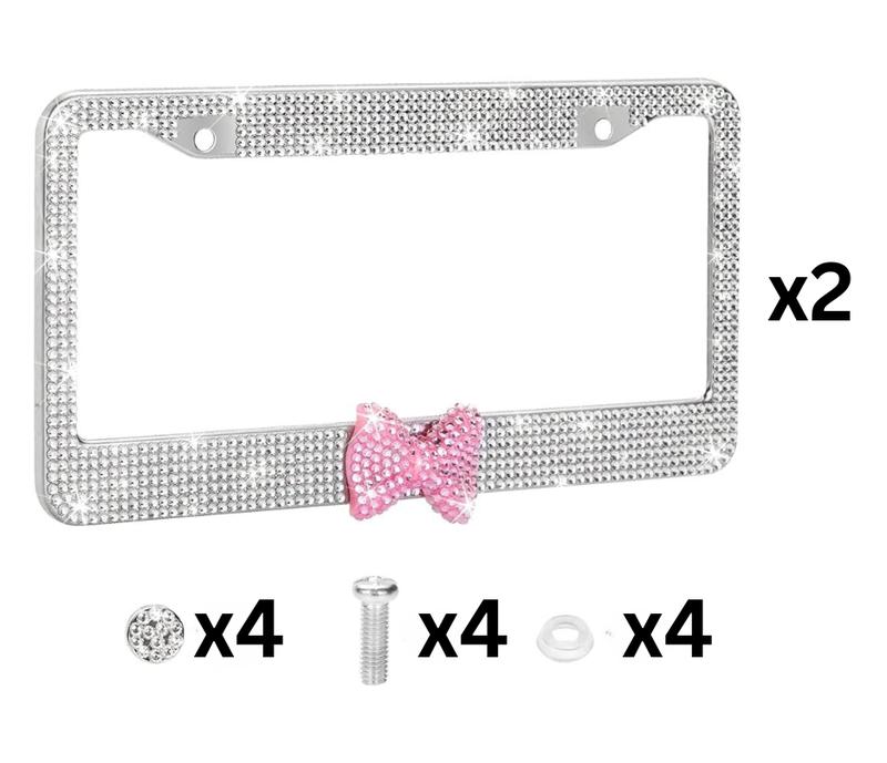 2 Pack Bling License Plate Frame, Rhinestone Premium Stainless Steel License Plate Frame, Facets Clear Color Rhinestone Crystal, Girly Car Accessories Automotive Vehicle