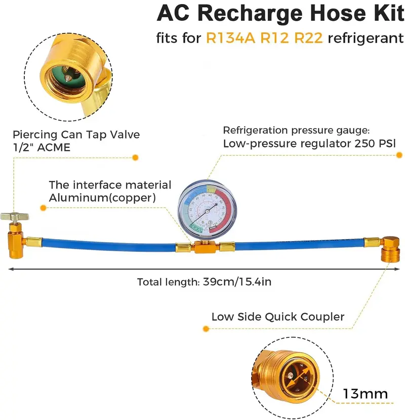 Automotive R134A/R12 Car AC Charging Hose Kit with Pressure Gauge - 0.51 Inches Low Side Quick Coupler, 1/2 Dispensing Valve, High-Strength Aluminum Connector, 15.4" Deep Reach CNC Thread Hose, Easy-Install Universal Fit for Most Vehicles