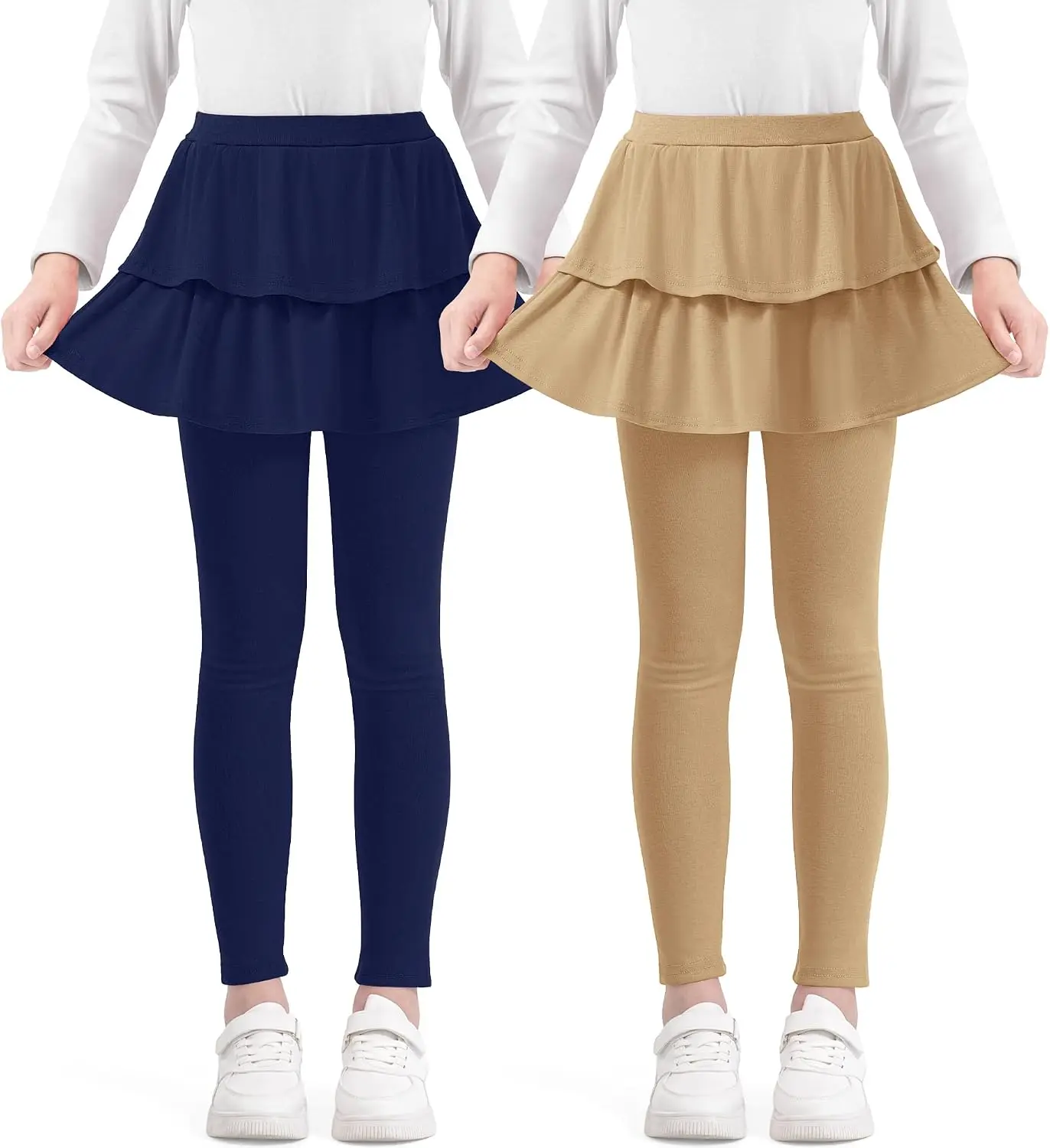 Girls' 2-Pack School Uniform Warm Leggings with Ruffle Tutu Skirts, Athletic Wear with Elastic Fabric & Snug Stretch, Size 4-12 Years