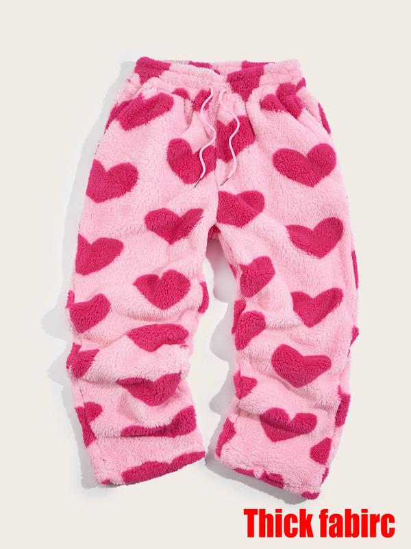 Unisex Plaid Fleece Print Drawstring Pants, Casual Daily Wear, Winter Warm Sleepwear, Christmas Gift, Long Pants