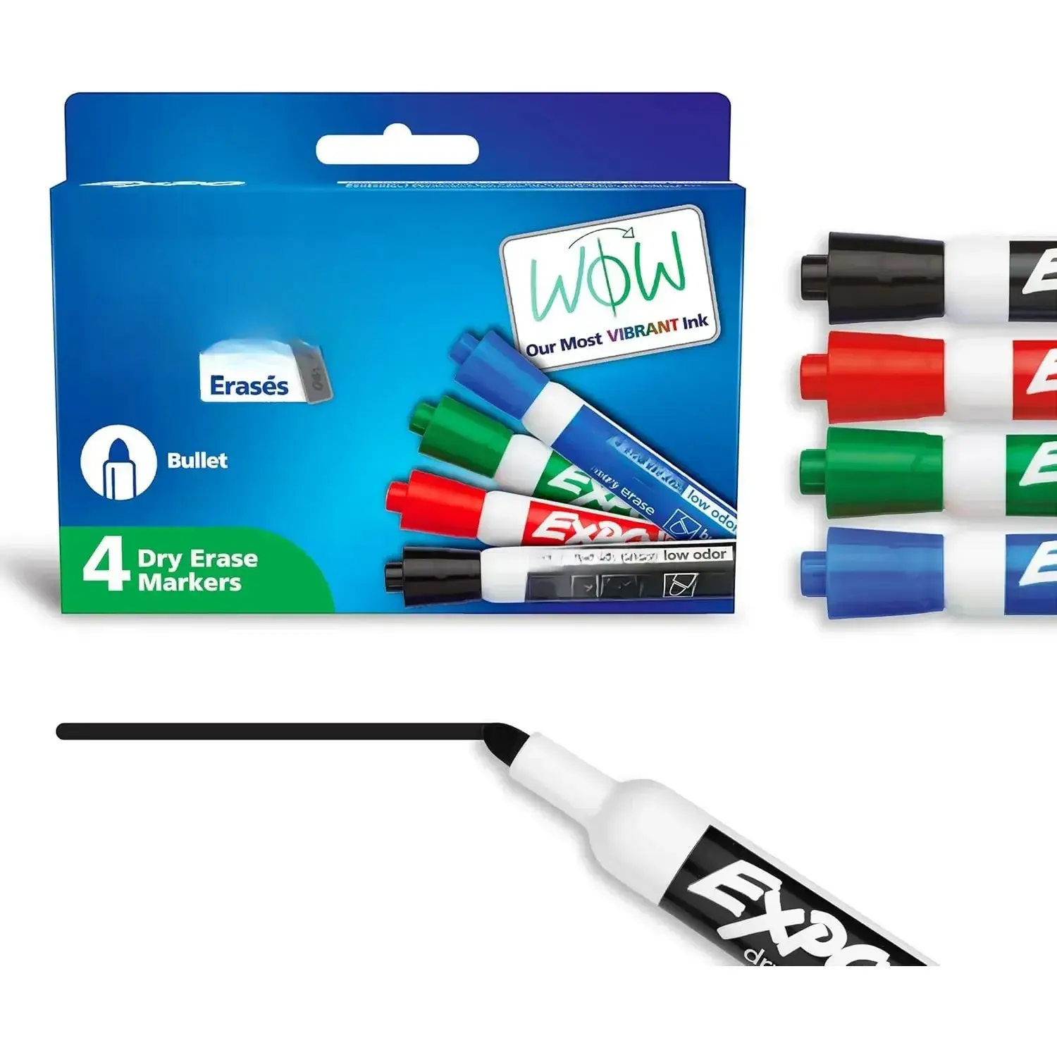 Dry Erase Markers, 4-Count Assorted Set, Low Odor Non-Toxic Ink, Bold Color Bullet Tip, Easy to See, Clean Erasing - Office School Essential Stationery for Teachers, Whiteboards, Non-Porous Surfaces