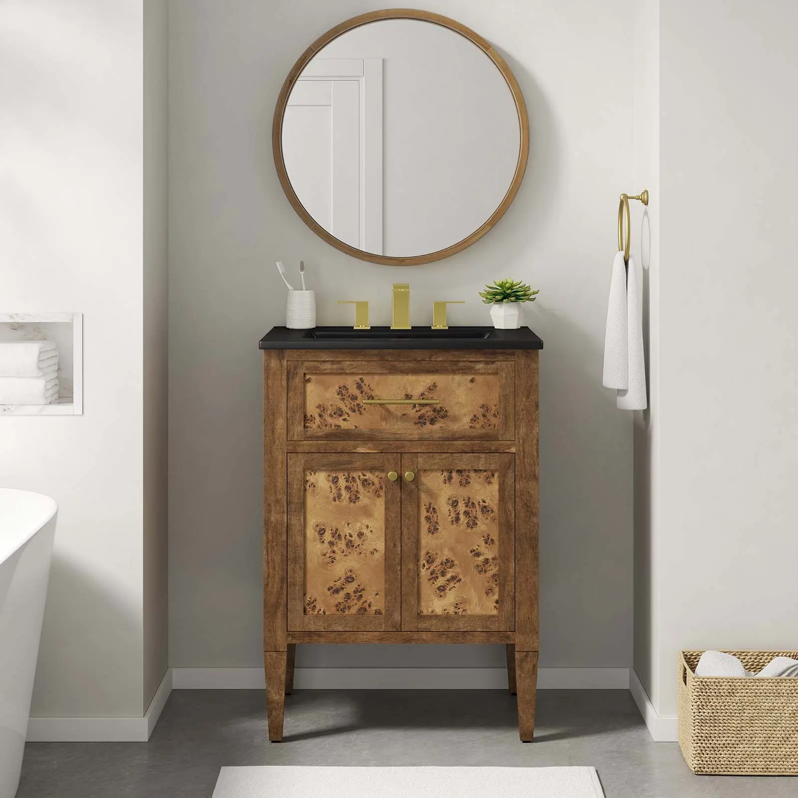 Modway Elysian 24" Wood Bathroom Vanity with Countertop - Black Brown, Modern Design, Organic Aesthetics, Burl Veneer, Fixed Drawers, Ample Shelves, Tapered Legs, Enhanced Practicality