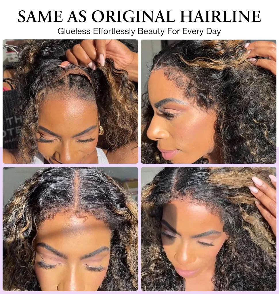 4C Curly Edges Glueless Blonde Highlight Curly Human Hair Wig For Black Women 220% 13x4 8x5 Ready to Go Ombre Lace Front Wigs Balayage Pre-plucked Natural Hairline