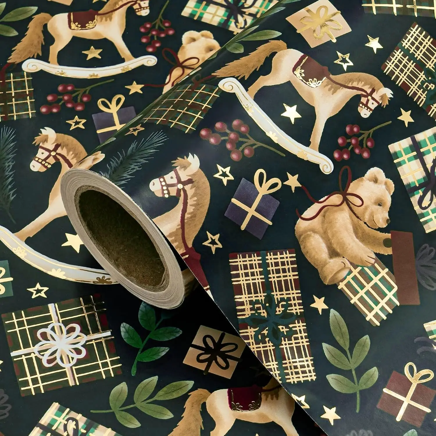 【Buy 2 Get 3 Free】WRAPAHOLIC Vintage Christmas Wrapping Paper Roll, 17 in x 16.5 ft Mini Roll, Rocking Horse, Teddy Bear, Christmas Tree, Nutcracker & Plaid Designs for Family Gifts, Kids Presents, Christmas Parties & Holiday Gift Wrapping