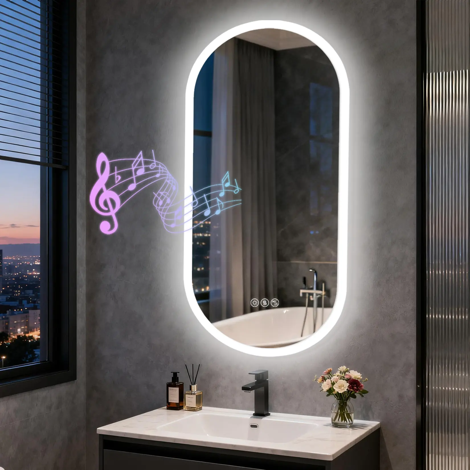Lighted Bathroom Bluetooth Mirror 24x48 Inch, Oval Wall Mirror with Lights, Dual Speakers, Anti-Fog, LED Bathroom Mirror with Bluetooth Speaker