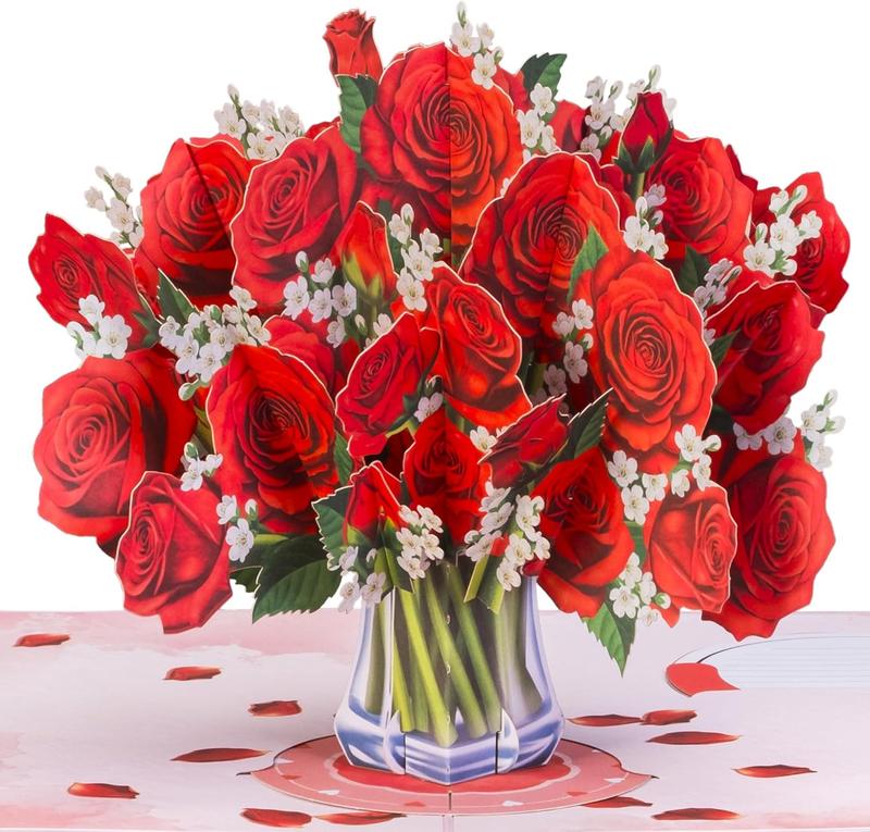 Paper Love Valentine's Pop Up Flower Bouquet Card, 3D Classic Red Roses Bouquet, with Detachable Forever Flowers Keepsake, Gift for Valentines Day, Birthday, Anniversary, Wedding, All Occasion - Oversized 10" x 7" Cover - w/Envelope & Note Tag
