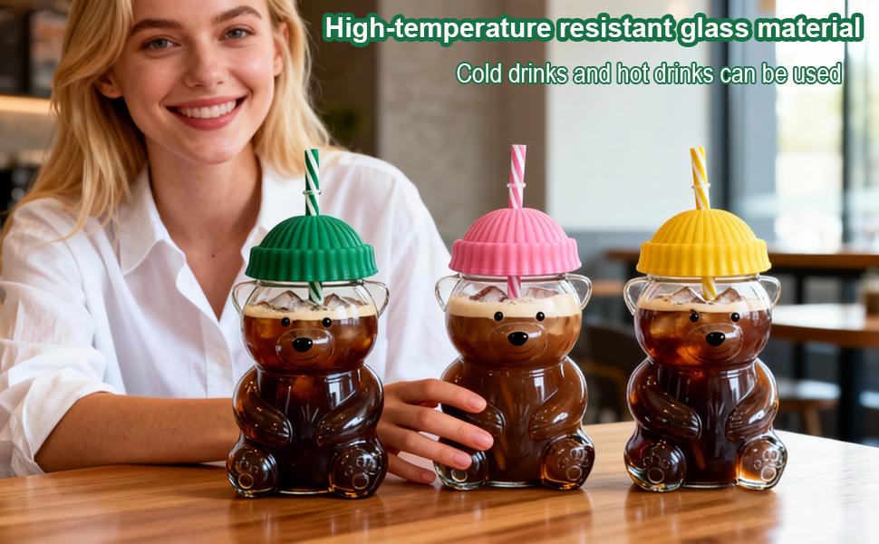 Viral Bearista Cold Cup for 2026 Holiday Collection Nostalgia Cute Bear Cup With Striped Straw 20oz High-Quality Glass Tumbler for Smoothies Boba & Beverage  Iced Coffee Glass Gifts colorful glass cup practical gift