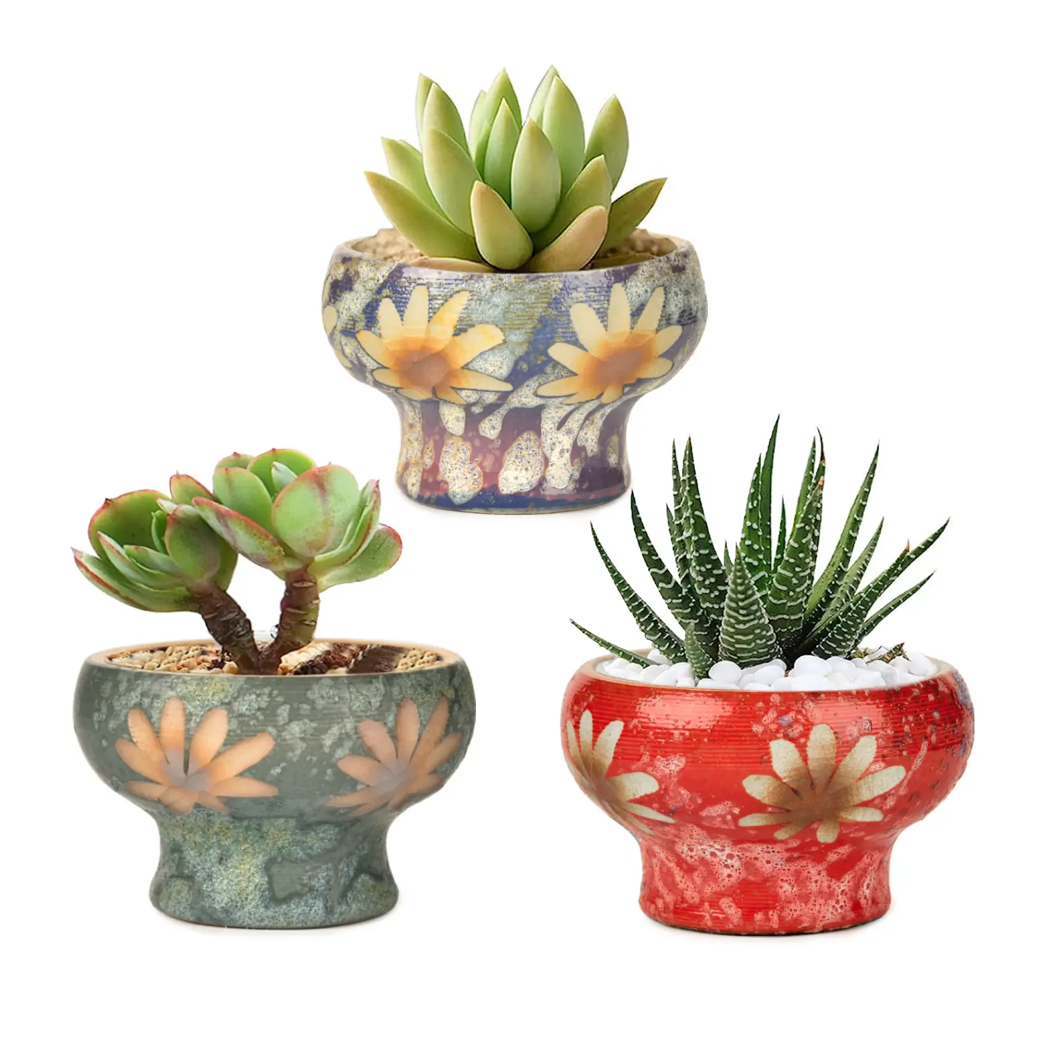 Sungmor Small Succulent Outdoor Planters Set of 3, Beautiful Hand Crafted Ceramic Plant Pots Cute Cactus Pot, 4.9 Inch Flower Pots for Indoor Plants with Drainage, Desktop Windowsill Home Office Decor Pots