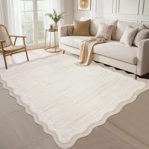 Garvee 5x7 Machine Washable Area Rug, Scalloped Design, Modern Solid Color, Non-Slip, Non-Shedding, Foldable Ultra Soft Floor Mat for Living Room and Bedroom, Beige