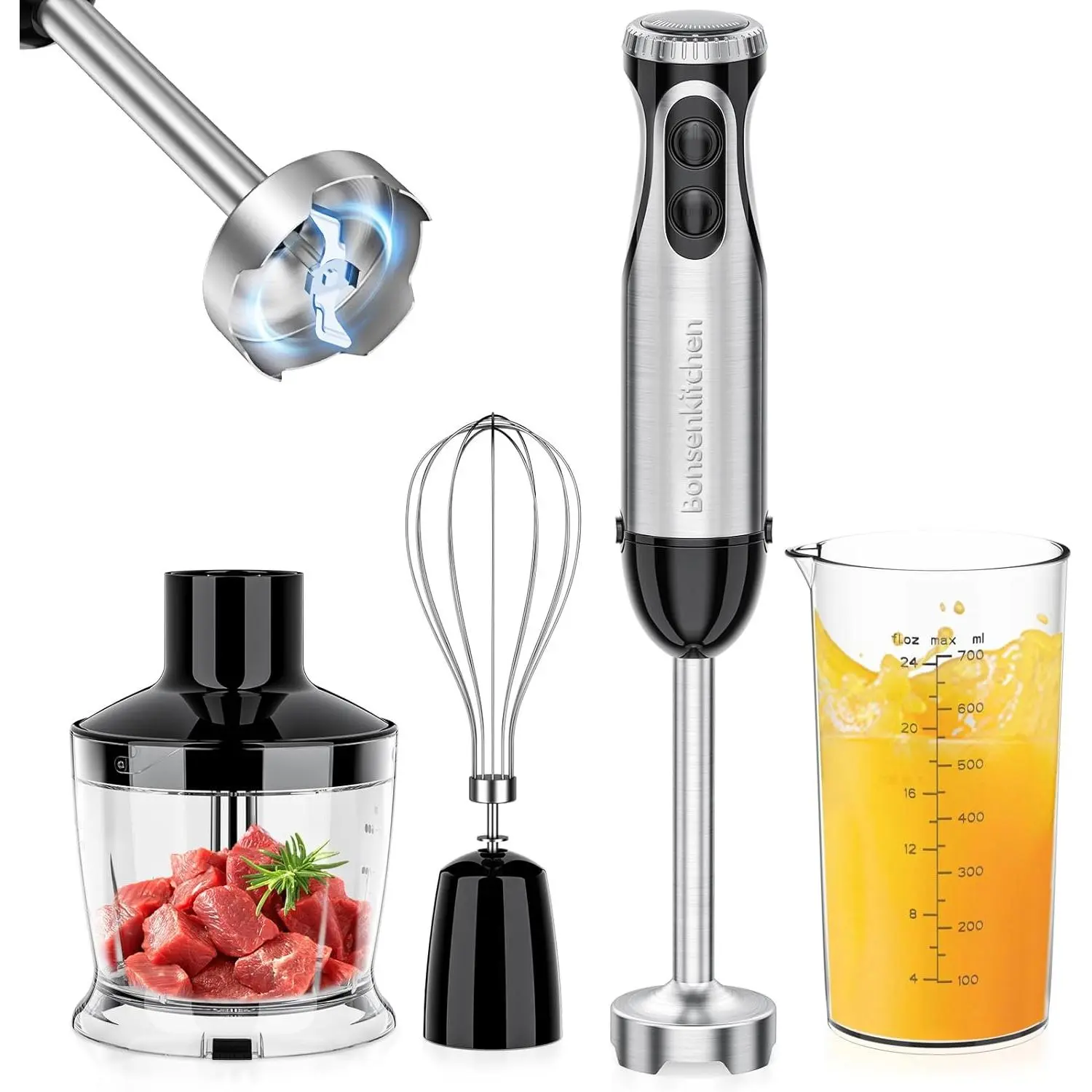 Bonsenkitchen Durable Stainless Steel Immersion Blender - 4-In-1 Compact Household Appliances Kitchen Supplies, 20 Speeds, Turbo Function, 1-Hand Grip, Egg Whisk, Beaker, Chopper Bowl, Dough Mixer for Cooking Made Easy