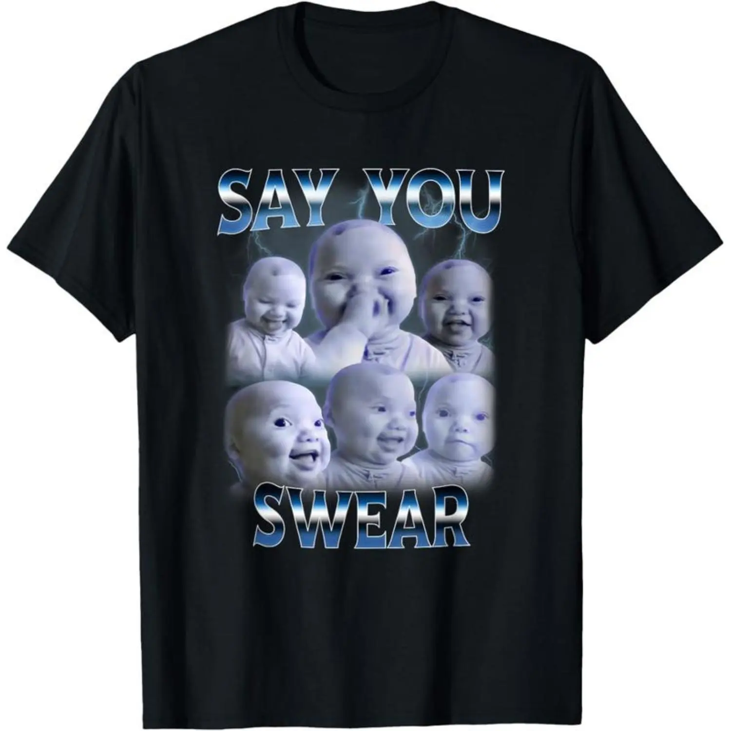Men's "Say You Swear" AI Niche Baby Holding Back Laugh Gen Z Meme Short Sleeve Cotton Tee, Relaxed Fit Crew Neck Graphic Menswear, Soft Comfy Casual Breathable Everyday Tops, Machine Washable, Size Down for Fitted Look