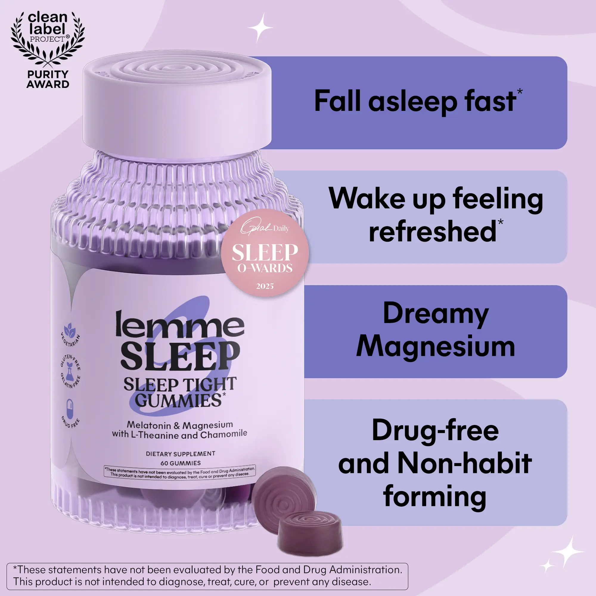 Lemme Sleep Gummies with 5mg Melatonin, Magnesium, L-Theanine, Elderberry, Chamomile & Lavender, Berry Flavor, 60 Count, 30-Day Supply