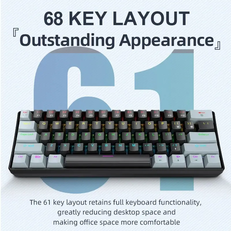 APAYADO K61 Mini Mechanical Keyboard,Wired,61 Keys,Phantom RGB,RGB Backlit Keyboard, Led Backlit Keyboard, Black/White Red/Blue Mechanical Switch for Gaming,60% Portable, Mechanical Game Keyboard