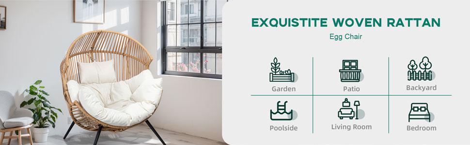 Walsunny Outdoor & Indoor Egg Rocking Chair, 450Lbs Load Capacity Open Wicker Rattan Patio Chair, Oversized Lounger Chair with Cushion Basket for Bedroom, Balcony, Backyard