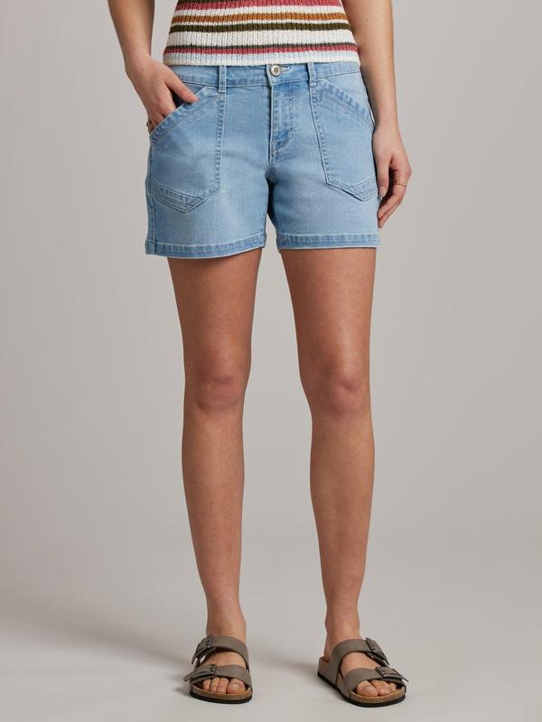 UNIONBAY Women's Basic Cotton Denim Bottom Shorts with Buttons, Modest Fit, Move-Easy Spandex, and Pockets