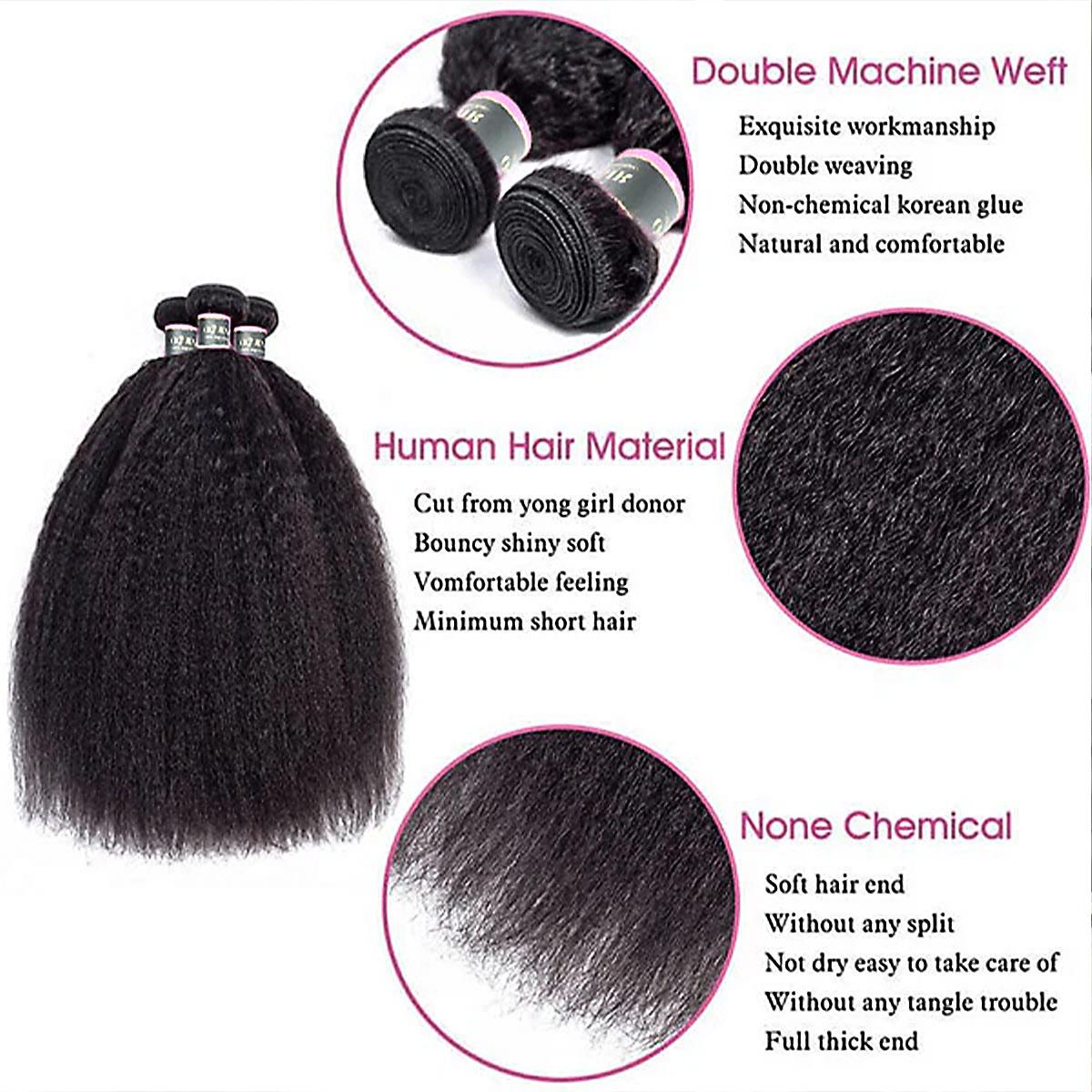 OQ HAIR Kinky Straight Hair Bundles 100% Virgin Human Hair Weaving Natural Black Color 3 4 Bundle Deals Double Weft Sew in Hair Extensions