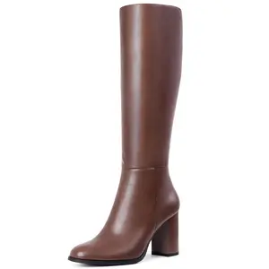 【Tiktokshopmothersday】Black Knee High Boots for Women, Square Toe Chunky Block Heeled Platform Tall PU Leather Cogo Boots with Side Zipper Footwear Gir Walking Shoes Girl tiktokshopspringglowup