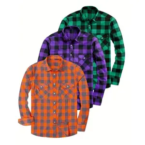 Men's Casual Plaid Flannel Shirts - Top 3pcs Long Sleeve Button Tops, 70% Polyester 30% Rayon Blend Fabric Checked Collar Menswear Fathersdaygift