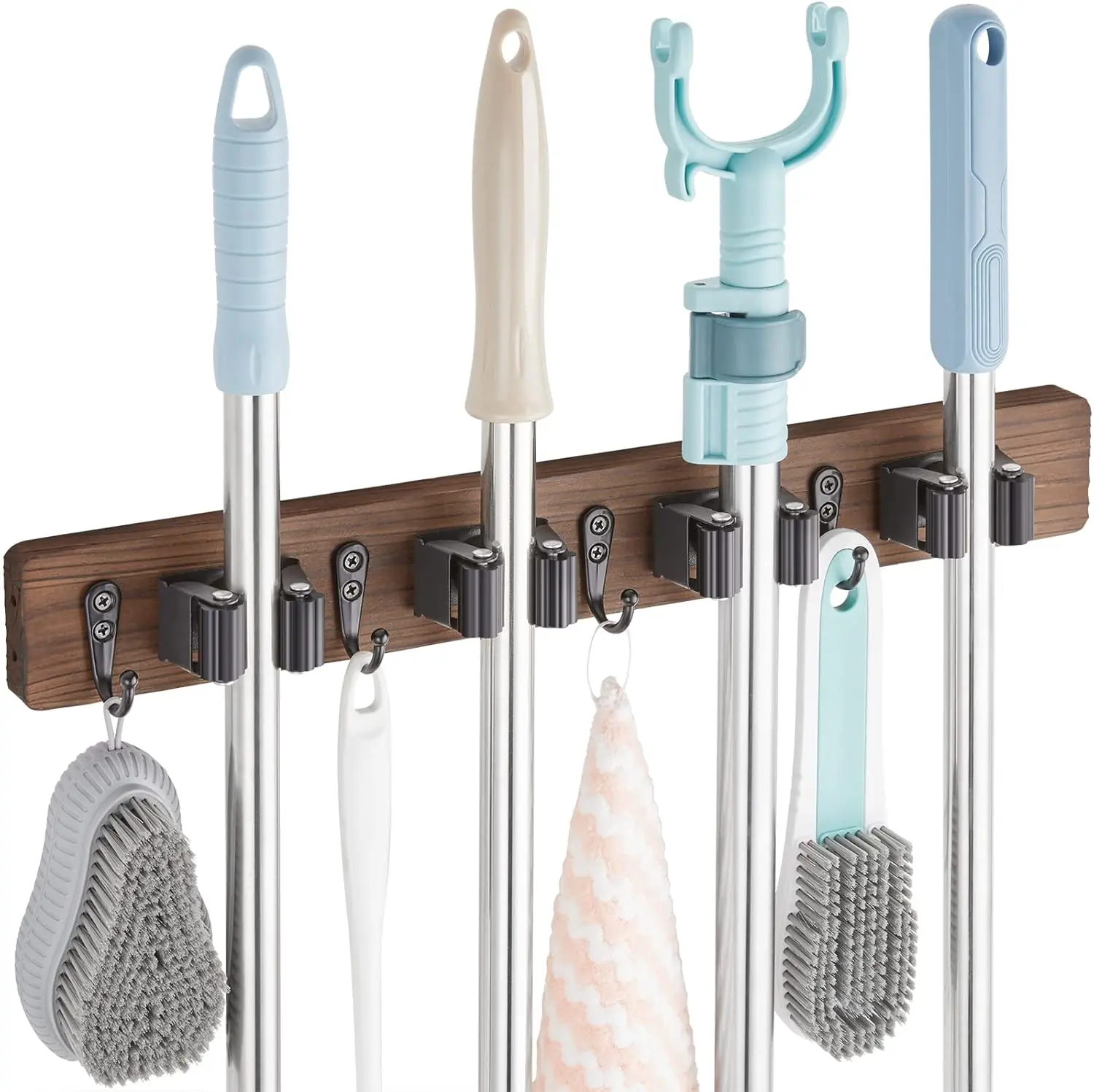 Broom Holder Wall Mount - Rustic Wood Broom Mop Hanger - Wall Mounted Garden Tool Rack Organizer for Closet Garage Laundry Room Kitchen Decor With 4 Slots & 4 Hooks