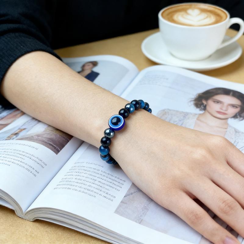 Evil Eye Design 3X Power Protection Bracelet for Women & Men, Tiger Eye & Hematite Stone Beads, Healing Crystal Jewelry Gift for Her and Him, Birthday Gifts