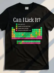 Men's Fun Periodic Table of Elements T-Shirt, Science Nerd Humor "Can I Lick It" Creative Short Sleeve Tee