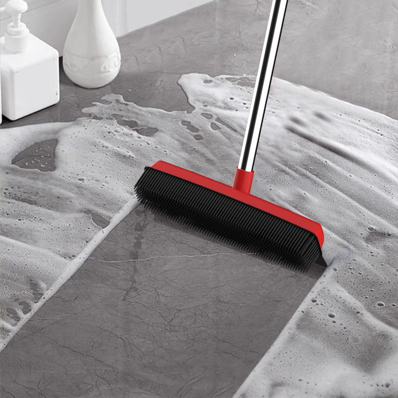 Multi-Functional Pet Hair Removal Broom with Squeegee Edge Adjustable Long Handle Soft Bristles for Indoor Outdoor Multi-Surface Carpet Cleaning Tool Shedding Grooming Kit