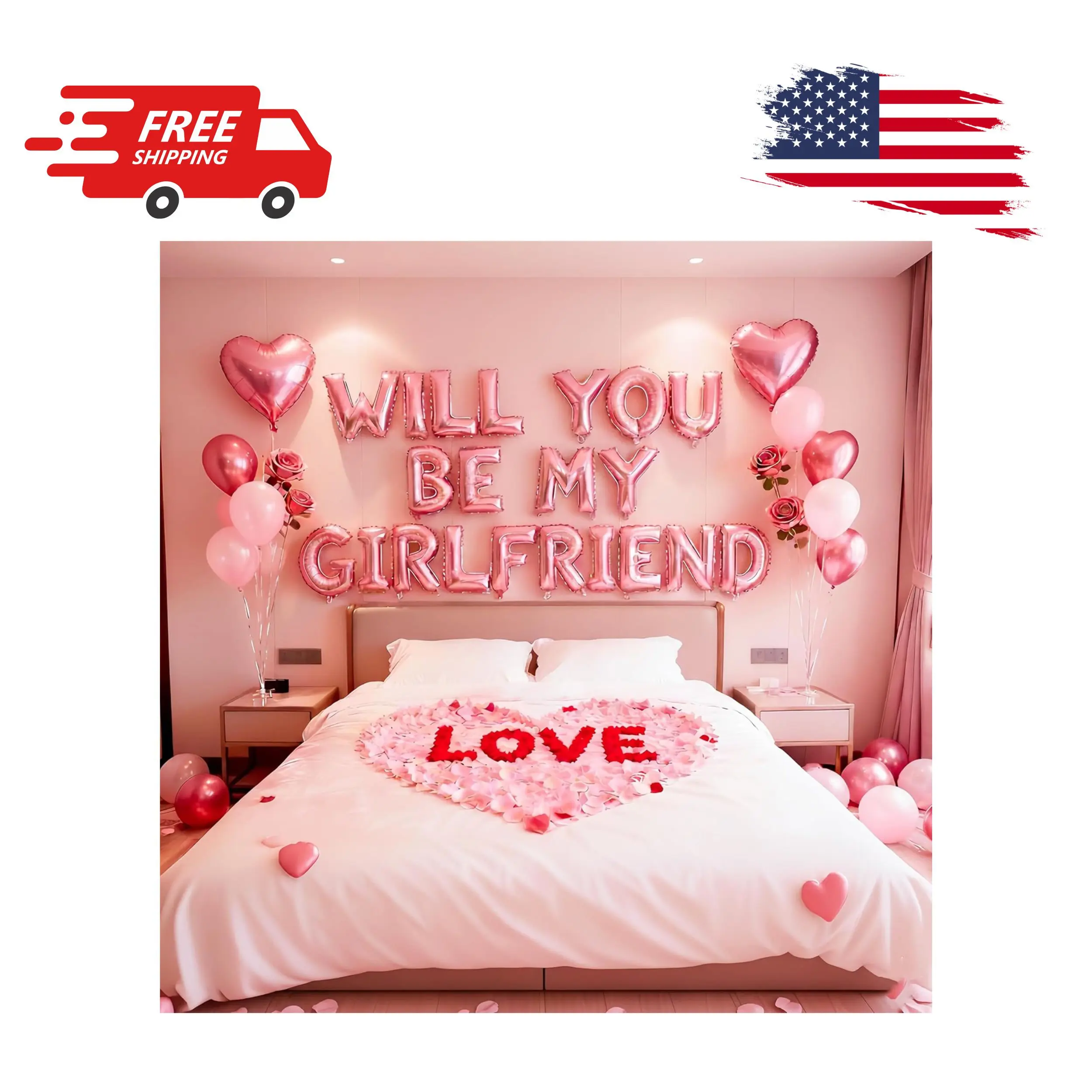 Pink 16" Will You Be My Girlfriend Balloons Letters - 18" Heart Balloons