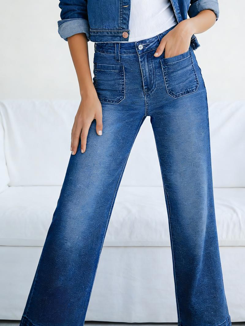 Sidefeel Women's Wide Leg Jeans High Waisted Tummy Control Stretchy Pockets Front Straight Leg Jeans for Comfort and Style