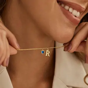 Dainty Initial Necklace with Heart Birthstone 14K Gold Plated Custom Letter Necklace Minimalist Style Christmas Gift for Mom Bridesmaid Gift