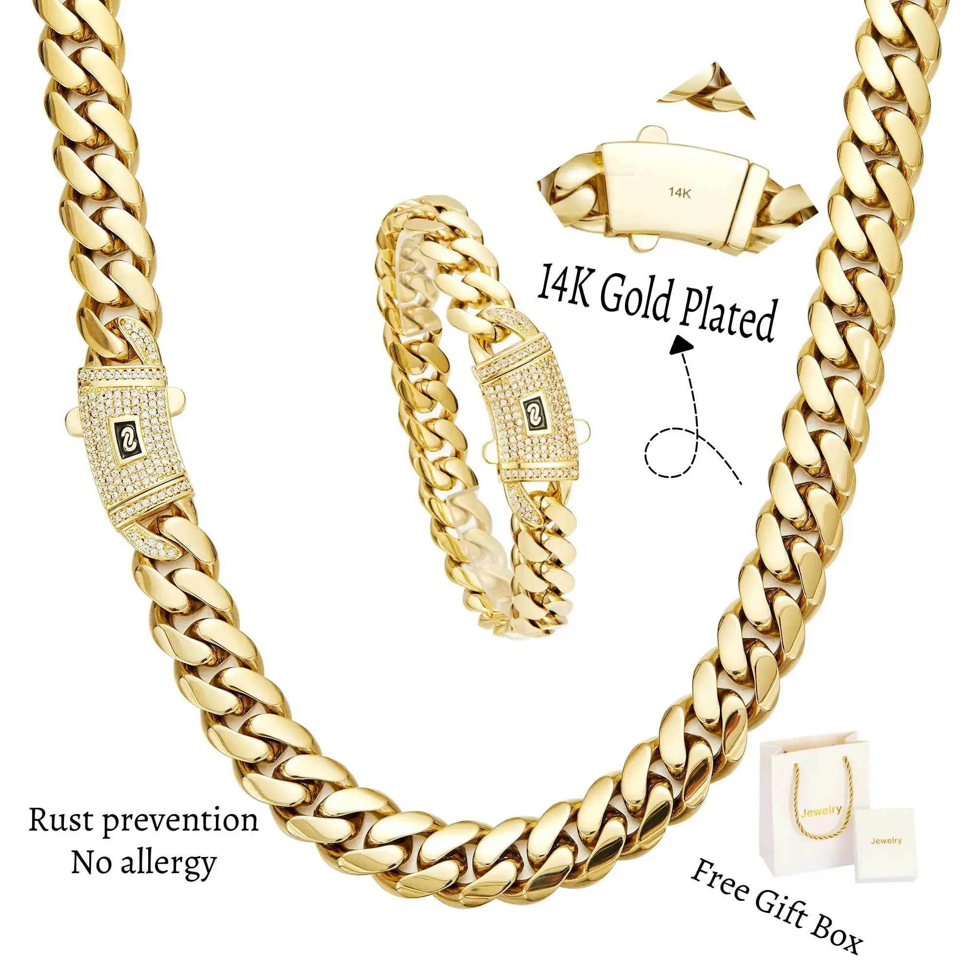 [Set] 14K Real Gold-Plated Cuban Necklace & Bracelet with Miami Link Chain Stainless Steel Thick Anti-Friction Chain and Diamond Clasp for Men and Women 6/8/10/12/14MM Colorfast Waterproof Thickened Hip Hop Jewelry Black Friday