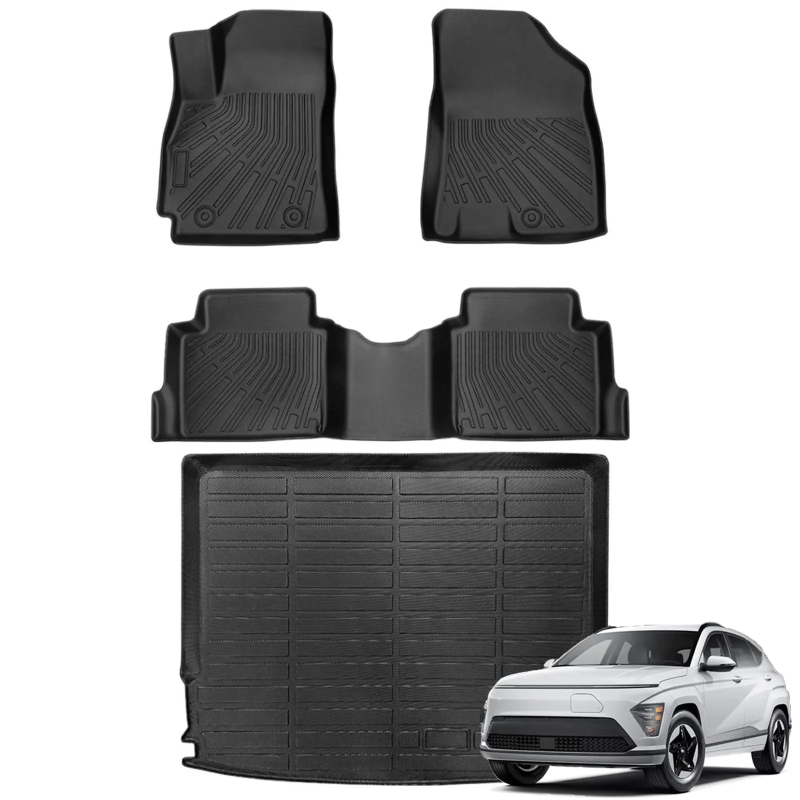 Canvcle Floor Mats & Cargo Liner, Car Interior Accessory for 2024-2026 Hyundai Kona Gas Model, All-Weather TPE 1st & 2nd Row Rear Trunk Liner, Eco-Friendly, Anti-Slip, Waterproof Automotive Accessory, Pre-Cut
