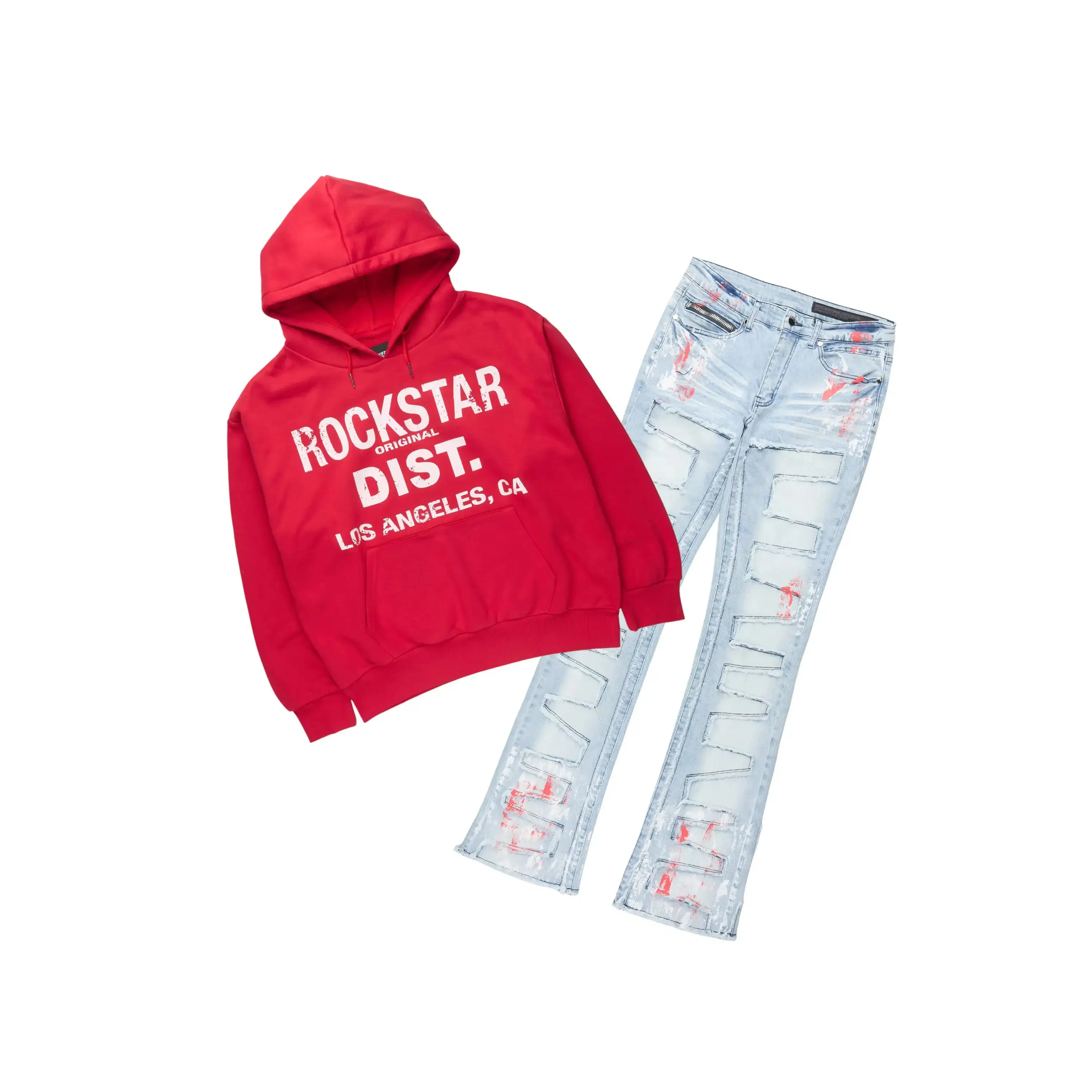 Saxon Red/Blue Hoodie/Stacked Flare Jean Set