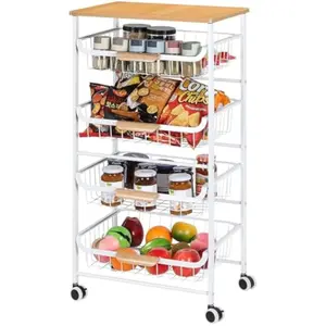 5-Tier Rolling Metal Cart with Drawers & Wheels (White)