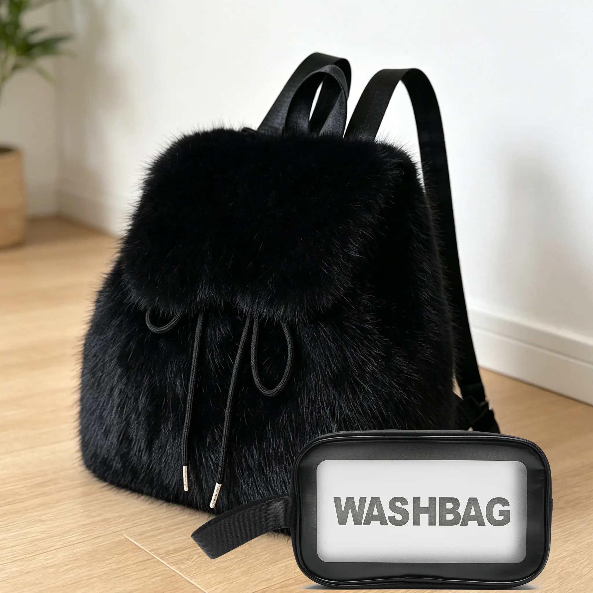 Women's Korean Aesthetic Casual Multifunctional Drawstring Backpack-Shoulder Bag, Autumn Winter Plush Material with Drawstring Tie & Flap Cover, Small Size for Lipstick, Love Letters, Chocolate, Bags for Women, Dates & Shop