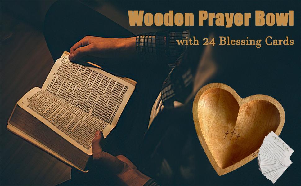 Wooden Heart Shaped Prayer Bowl with 24 Prayer Cards, Handcrafted Vintage Prayer Bowl with Cross & Letter Pattern, Religious Decorations for Home Living Room Bedroom Church, Christian Ornaments, Home Decor, Hand Engraved Easter Sunday Gifts Mother's Day