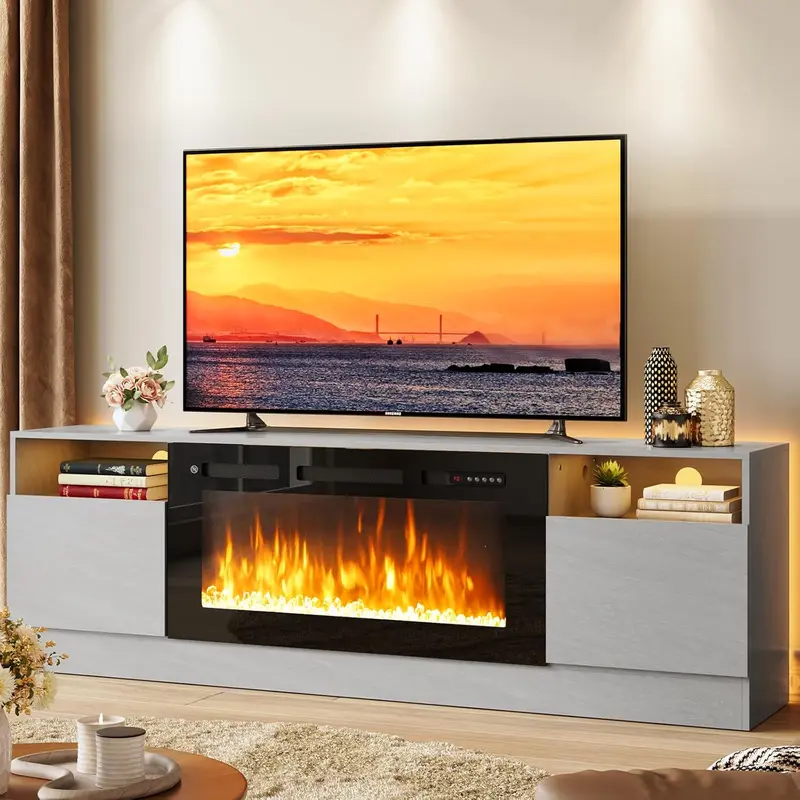 【2 Packages Shipping】oneinmil 80"  Fireplace TV Stand with Two Hinged Doors for TVs UP to 90”, Modern Electric Fireplace Entertainment Center with LED Lights & Storage Cabinets, TV Stand for Living Room 90”Gray