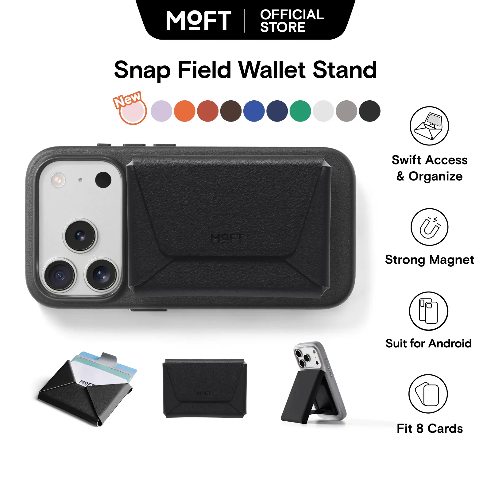 MOFT Magsafe Wallet, Slim Magnetic 8 - Card Holder, Snap Field Wallet with Pull to Access Design, RFID Blocking, MOVAS Veagn Leather Minimalist Travel Wallets for Men & Women