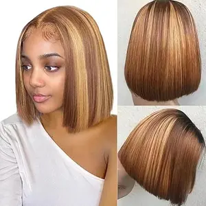 Highlight Bob Wig P4/27 Human Hair Upgrade Brazilian Hair 12 Inch 13x4 HD Transparent Lace Front Wigs Human Hair Glueless Pre Plucked Short Straight Bob Wigs for Women