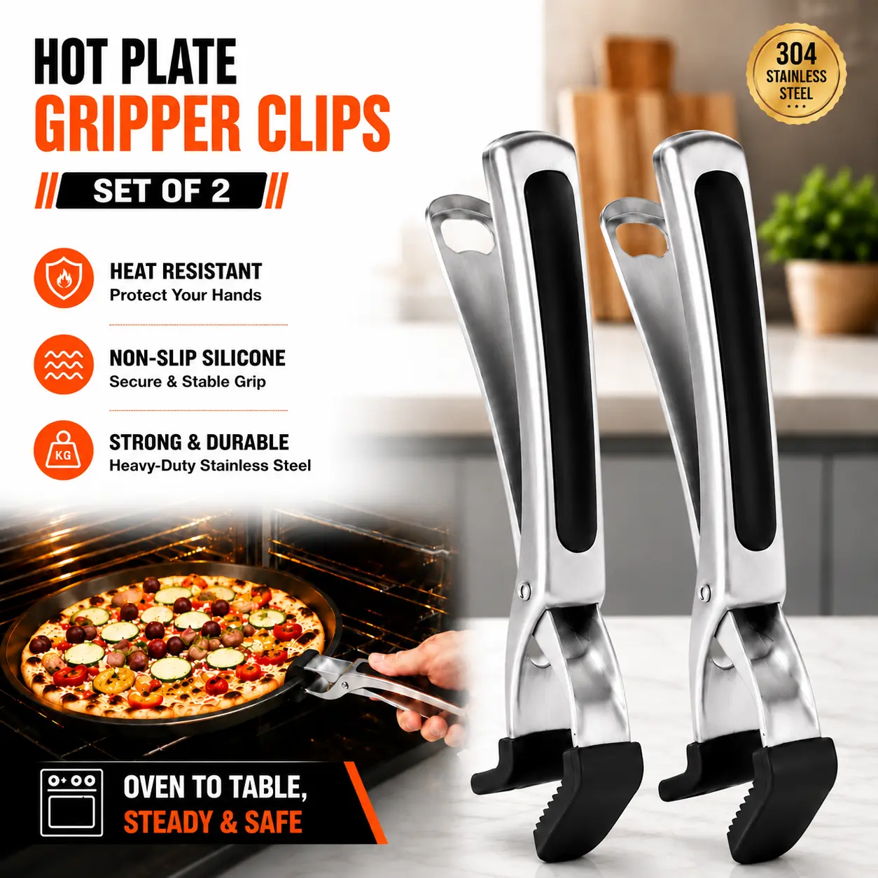 SOLEADER 2-Pack Hot Plate Gripper Tongs - Food-Grade 18/8 Stainless Steel, 2-Pack Balance, Curved Shape, Deep Pan Fit, Non-Slip, Grabs Handleless Items, Kitchen Accessories, Dual Units, Clean Use, Fits Ovens/Air Fryer/Microwave